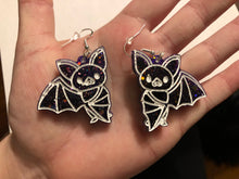 Load image into Gallery viewer, Purple/Black Dangly Bat Earrings
