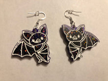 Load image into Gallery viewer, Purple/Black Dangly Bat Earrings
